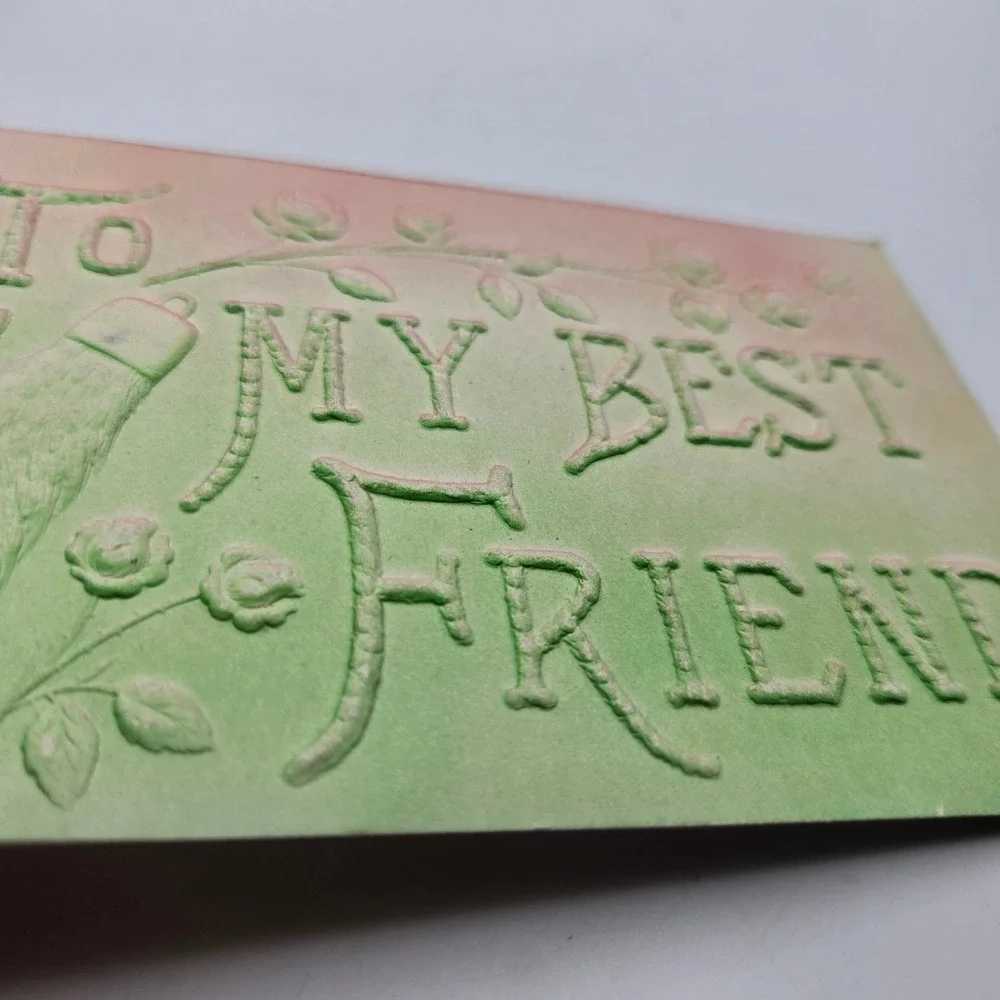 United Art Publishing Co Vintage Postcard To My Best Friend Green Pink Roses